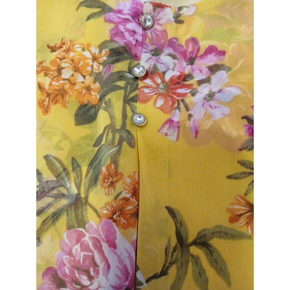 Exotic Tropical Tunic Blouse Sz L Yellow Rhinestones Floral Kimono Flowy Cottage - Picture 11 of 14
